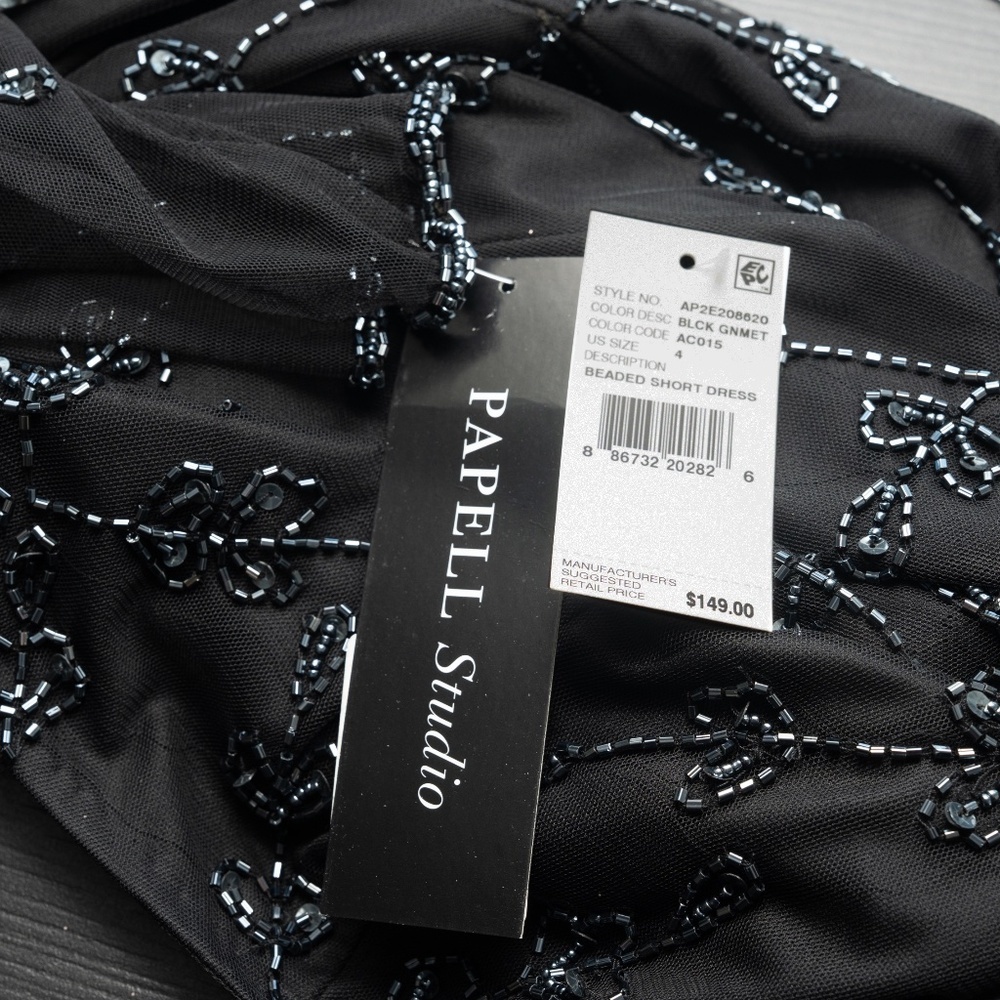 Adrianna Papell - Mesh-Sleeve Beaded Dress - Picture 9 of 13